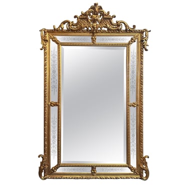 French Late 19th Century Hand-Carved Gilt Mirror w/ Etched Glass
