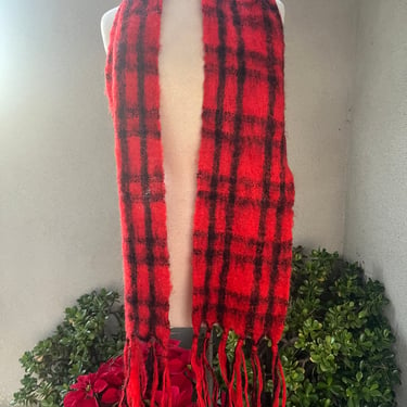 Vintage plaid mohair pile wool scarf red black by St Albans 