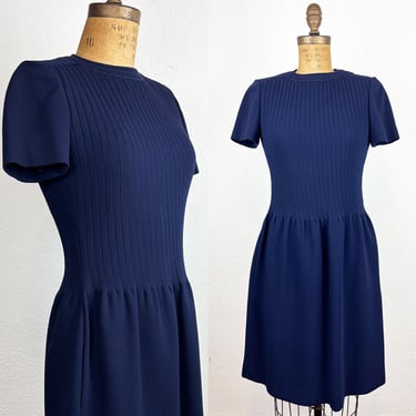 Vintage 60s Pierre Cardin Navy Blue Wool Dress/ 1960s Mod Cardin Dress S 