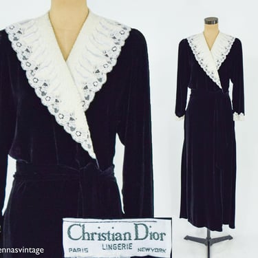 Christian Dior | 1980s Black Velvet Dressing Gown  l 80s Black & White Lace Robe l Christian Dior | Medium 