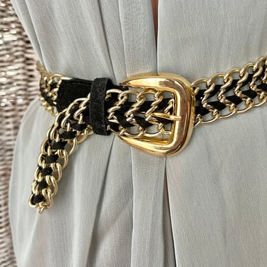Woven Chain Belt, Velvet Braided, Adjustable Fit, Gold-Tone, Vintage 90s 