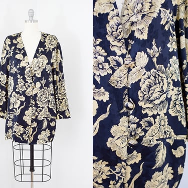 Vintage 1990s Silk Smoking Jacket by Mary Ann Restivo | L | 90s Floral Print Black and White Silk Blazer 