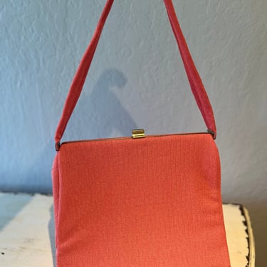 Pop of Colour - Vintage 1960s Melon Salmon Orange Pink Coral Slender Tall Textured Fabric XL Handbag Purse 