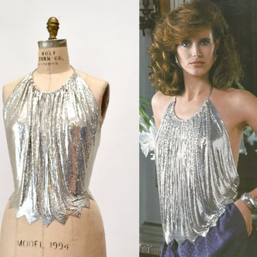 70s 80s Silver Whiting and Davis Vintage Chainmail Mesh Halter Top Metallic Metal Disco Halter Top By Whiting & Davis Mesh Halter Neck 