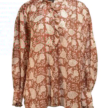 Hannah - Brown & White Floral Silk Ruffle Blouse Sz 2