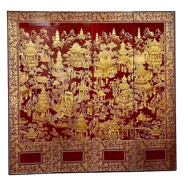 Robert Crowder Four-Panel Chinoiserie Screen with Gold Leaf on Red Background.