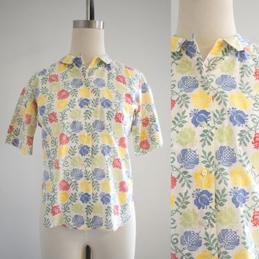 1950s/60s Cross Stitch Floral Print Cotton Blouse 