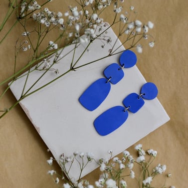 Blue Organic Shape Clay Statement Earrings / Abstract Art Form / Lightweight Dangle 