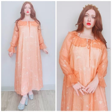 1970s Vintage Tangerine Orange Poly Chiffon Swing Dress / Orange Sheer Ruffle Neck Maxi Prairie Gown / Size Large - XL 