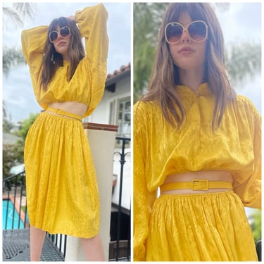 80s two Piece Set 80s Yellow Upcycled Skirt Top w/Belt S M 