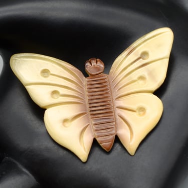 40's bakelite moth butterfly brooch, large cream & brown early plastic abstract winged insect pin 