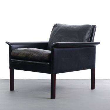 Rosewood and Vintage Black Leather Lounge Chair by Hans Olsen for CS Møbler 
