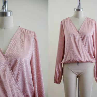 silky pink bodysuit blouse | 80s 90s vintage blush pink jacquard surplice wrap blouse 
