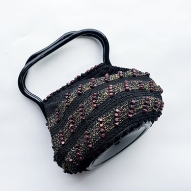 1940s Black Crochet Purse Bag | 40s Black Crochet Handbag 