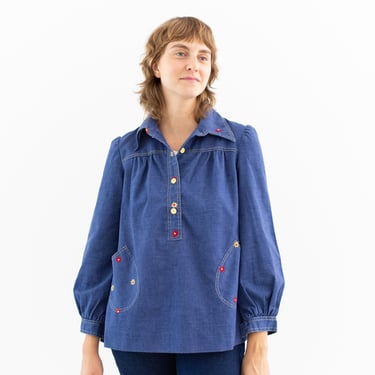 Vintage Denim Blue Popover Shirt | Art Flower Embroider Pullover Tunic Smock | S M | 