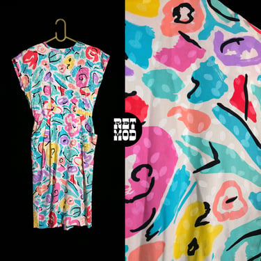 Funky Vintage 80s 90s Colorful Pastel Abstract Floral Silk Dress with Pockets by Liz Claiborne 