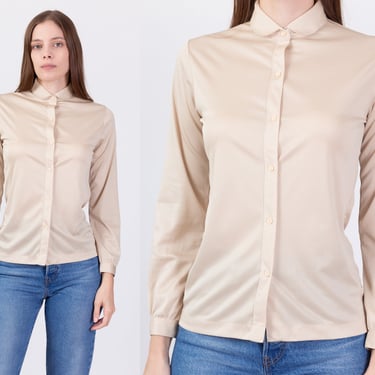 70s Peter Pan Collar Button Up Disco Top - Extra Small | Vintage Plain Minimalist Long Sleeve Polyester Blouse 