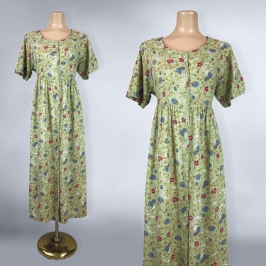 VINTAGE 90s Sage Green Floral Rayon Empire Waist Dress with Pockets by Sostanza Sz M | 1990s Flowy Floral Grunge Dress | VFG 