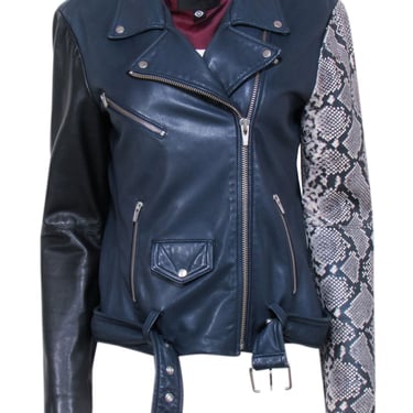 Veda - Navy &amp; Black Lamb Leather Moto Jacket w/ Snakeskin Print Sleeve Sz L