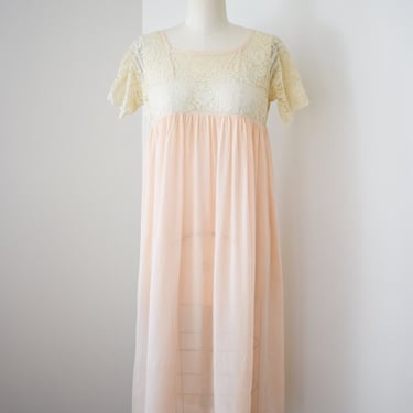 Antique 1920s Silk and Lace Nightgown | XS- S | Vintage 20s Ballet Pink and Lace Dress with Empire Waist 