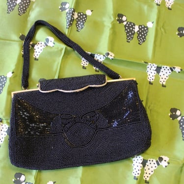 Vintage 1960's 50s Black Micro Beaded Bow Evening Bag Metal Brass Hinge Handbag Purse Collectible Clutch 
