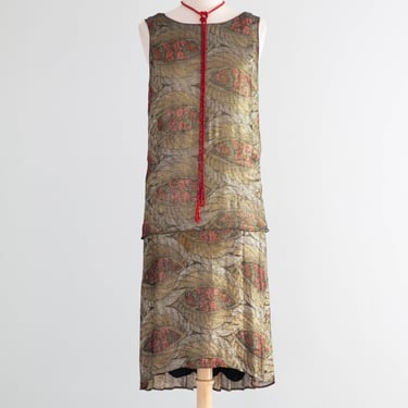 Iconic 1920's Gold Lame' Flapper Dress With Floral Motif Two Piece Set / S