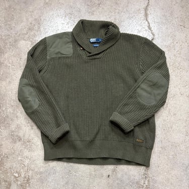 Vintage Polo Ralph Lauren Green Chunky Cotton Commando Shawl Pullover Sweater Men’s XXL 