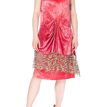 1920S Pink Silk Velvet Draped Cocktail Dress With Silver Lame Lace 