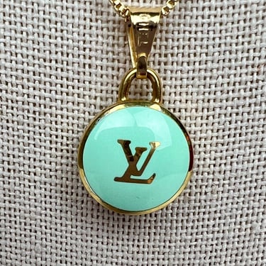 Canela Vintage Louis Vuitton Enamel Mint Green LV Initial Double Sided Necklace
