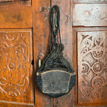 Antique Victorian drawstring bag, black silk & leather wristlet purse | fragile, prop or costume, gothic, Halloween decor, horror 
