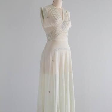 Diaphanous 1930's Silk Chiffon Evening Gown In Pale Absinthe Green / Small