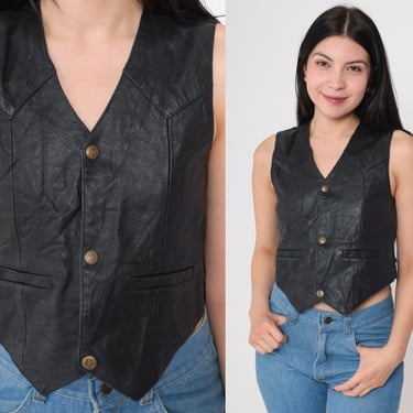 90s Black Leather Vest Biker Button up Vest Top Rocker Snap Up Sleeveless Jacket Boho Festival Punk Shirt Bohemian Vintage 1990s 2xs 