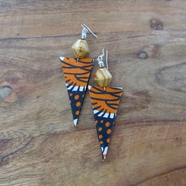 African print earrings, Ankara earrings, bold statement earrings, Afrocentric earrings, triangle batik earrings, orange 2 