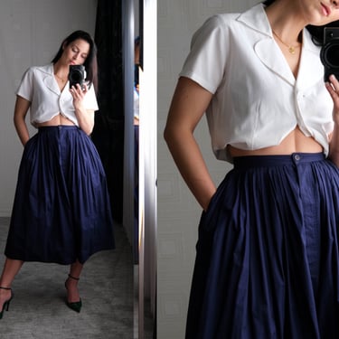 Vintage 80s Norma Kamali Navy Blue Pleated High Waisted A-Line Skirt w/ Pockets | Prairie, Western, Bohemian | 1980s OMO Designer Midi Skirt 