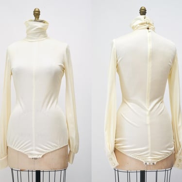 Vintage 70s off White Cream Turtle neck Bodysuit Brief Body Suit Leotard Turtle Neck long sleeve Medium//  Vintage Cream Turtleneck bodysuit 