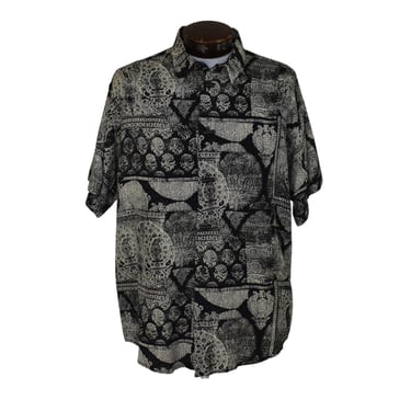 Vintage 90s Tribal Print Rayon Shirt, Over Sized Abstract Print Button Front, David Cline, Size Medium to Large 