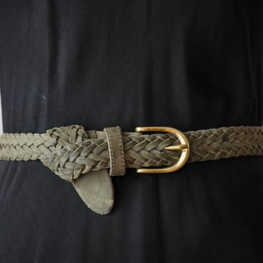 green leather belt | 90s vintage Geoffrey Beene sage green dark academia braided leather belt 
