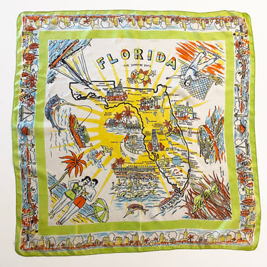 Vintage 30s 40s FLORIDA Scarf | 100% Silk Souvenir Map Design w/ Swimmers in Bathing Suits, Beach, Flamingos, Fishing, Landmarks, Sailboat, 