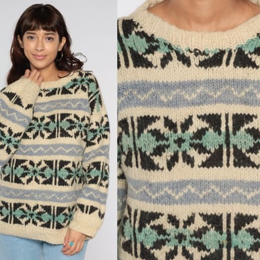 Ecuadorian Wool Sweater 90s Fair Isle Snowflake Print Pullover Boho Nordic Ski Bohemian Knit Retro Striped Jumper Vintage 1990s Mens Medium 