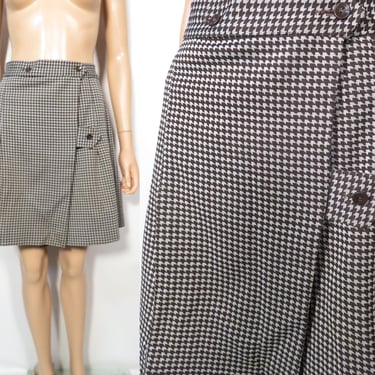 Vintage 70s Brown And Gray Houndstooth Polyester Pleated Wrap Mini Skirt Size 26 Waist 