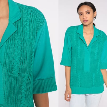 80s Knit Blouse Green V Neck Sweater Top Ribbed Cable Knit Shirt Boho Collared Blouse Short Sleeve Secretary Shirt Vintage 1980s Medium M 