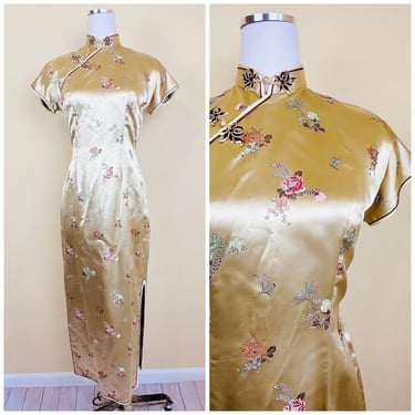 1960s Vintage Golden Brocade Cheongsam / 60s / Sixties Rose Embroidered Champagne Mandarin Collar Wiggle Dress / Medium 