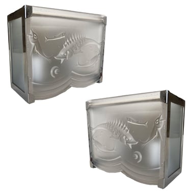 Art Deco Aquatic Frosted Art Glass Wall Sconce, Pair 