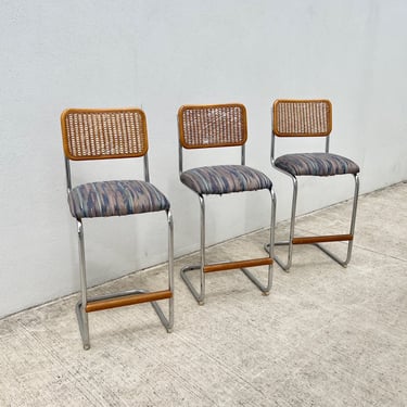 Chrome and Cane Bar Stools with Upholstered Fabric