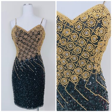 1990s Vintage A.J. Bari Silk Beaded Mini Dress / Nineties / 90s Gold and Black Heavily Embellished Body Con Party Dress / Small 