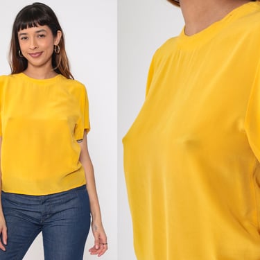 Yellow Silk Shirt 80s Short Sleeve Top Plain Blouse Minimalist T-Shirt Basic Solid Simple Light Summer Flower Patch Vintage 1980s Small S 