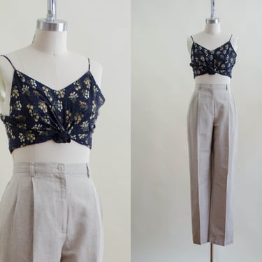 high waisted pants | 90s vintage oatmeal beige linen relaxed fit wide straight leg pleated trousers 