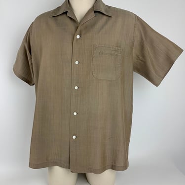 1950's - 60's SILK Shirt - Soft Putty Color - Short Sleeve  - Loop Collar - Interesting Patch Pocket - Men's Size LARGE to XL 