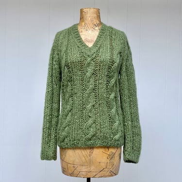 Vintage 1960s Green Mohair Cable Knit Sweater, Mid-Century British Vogue V Neck Pullover, Hand Knit in Italy, Small to Medium 