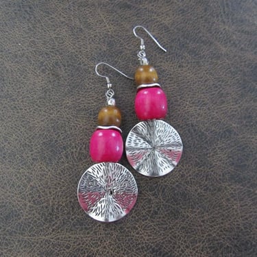 Etched silver southwestern boho chic earrings, pink 